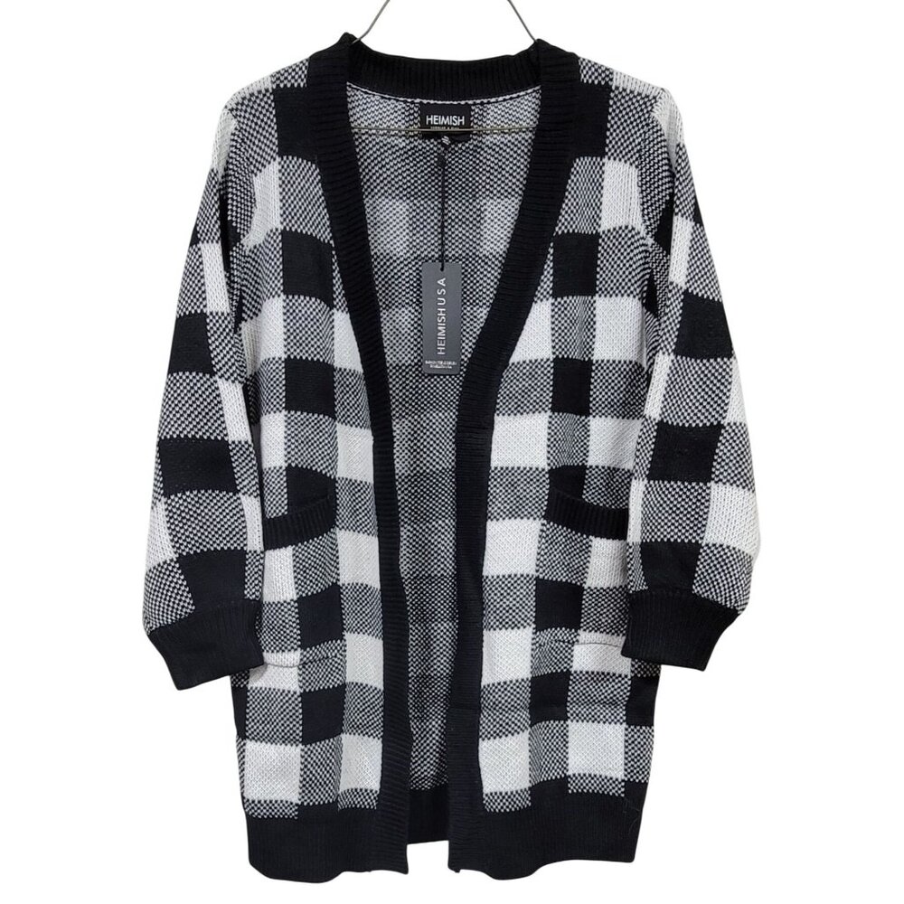 Heimish Black & Ivory Plaid Knit Open Front Cardigan Sweater With Pockets M/L